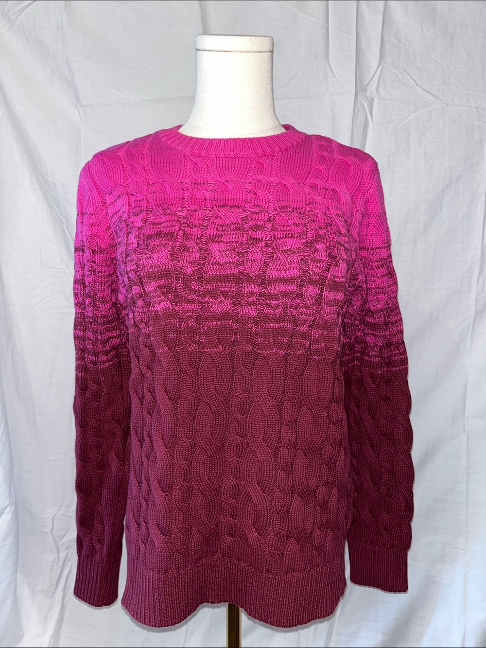 Cable Knit Ombre Crewneck Sweater - Pink